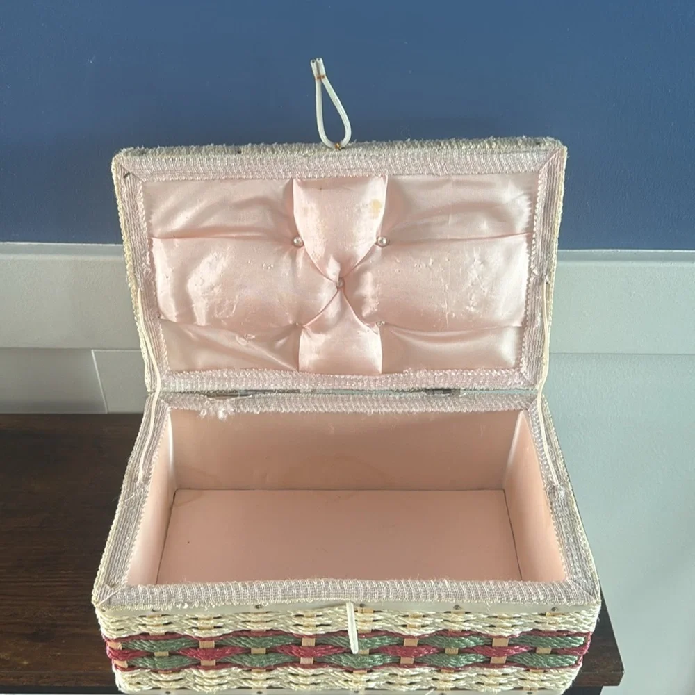 Vintage Wicker Sewing Box pink floral embroidered Lid with Built-in Pin Cushion
